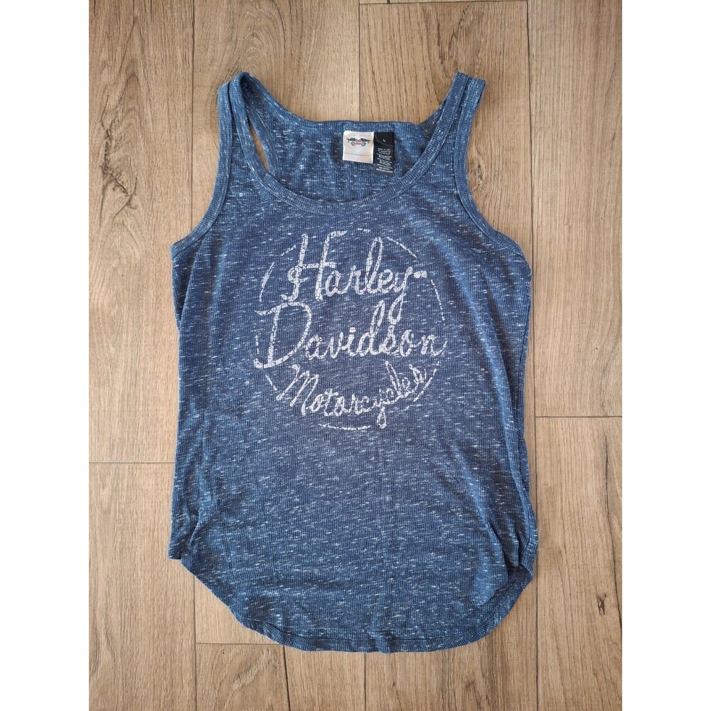 Harley-Davidson Tank Top Womens Large Navy Blue Racerback Script Graphic